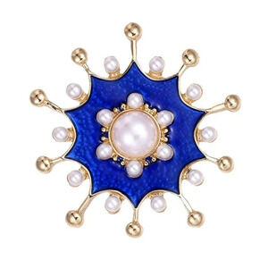 Gold-Tone Brooch Pin with Blue Enamel, Faux Pearls, and Rhinestones